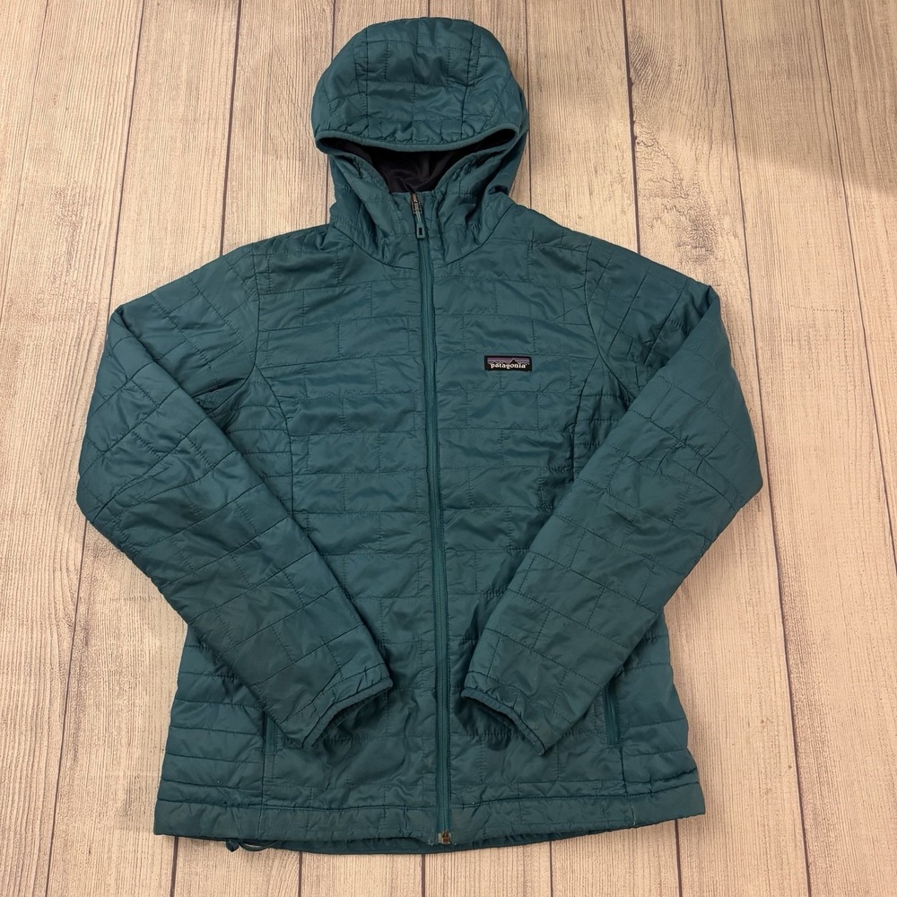 Patagonia Women's Nano Puff Hoody Jacket Teal Green PrimaLoft Full Zip Medium